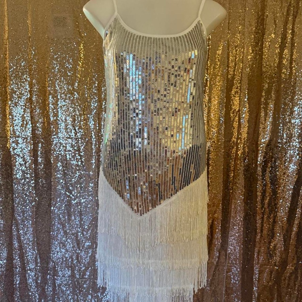 Silver Sequin White Fringe Flapper Style Dress 1920s Party Glamour/One Size